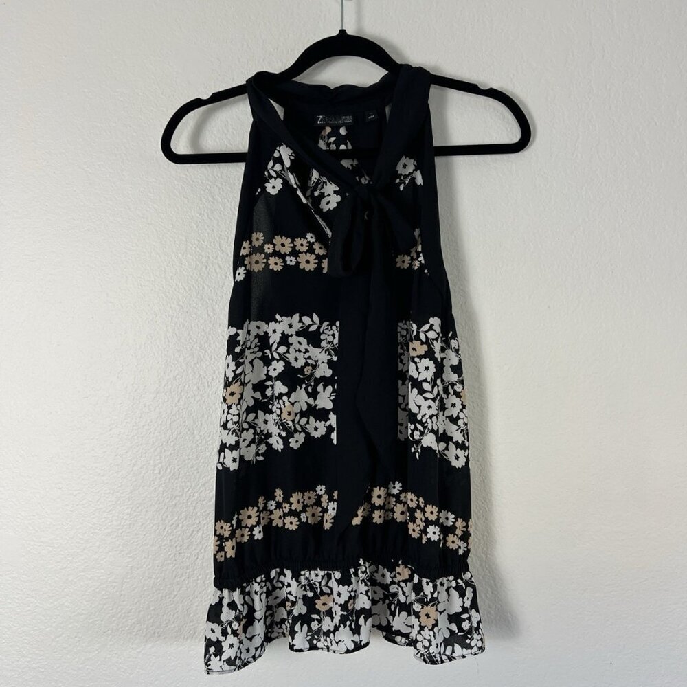 7th Avenue Design Studio Top Womens Size XL Black Floral Sleeveless Scarf Blouse